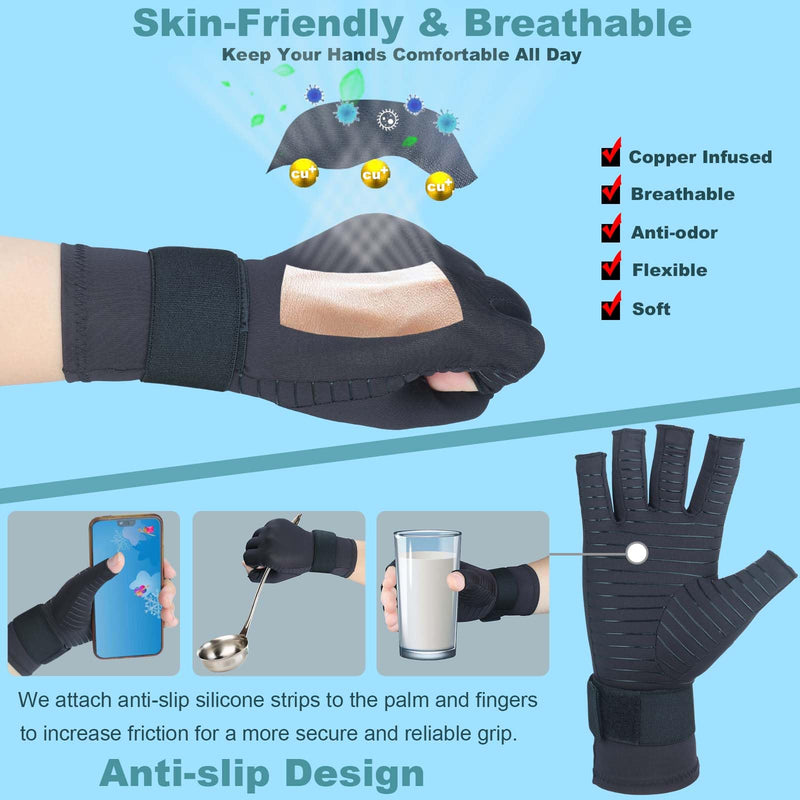 [Australia] - Copper Arthritis Gloves with Adjustable Wrist Strap for Women Men, Fingerless Compression Gloves for Arthritis, Carpal Tunnel, Pain Relief, Swelling, Rheumatoid, Typing (Large/X-Large) Large/X-Large (1 Pair) Black - Open Finger 