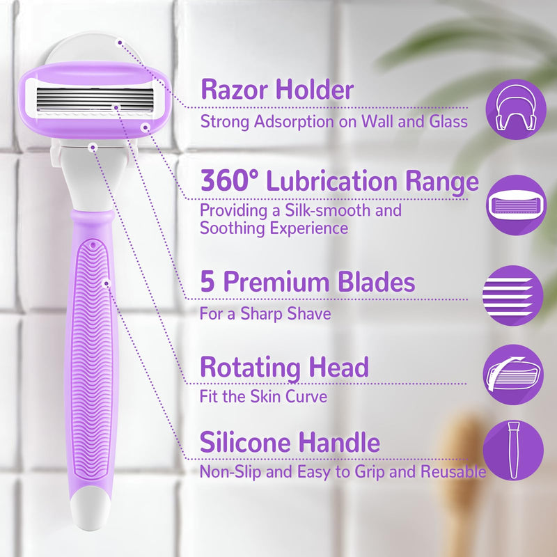 [Australia] - Razors for Women Include 2 Non-Slip Handles and 14 Blade Refills with a Shower Holder, 5 Premium Blades Women's Razors for Shaving with 360° Lubrication Reduces Irritation, Purple 