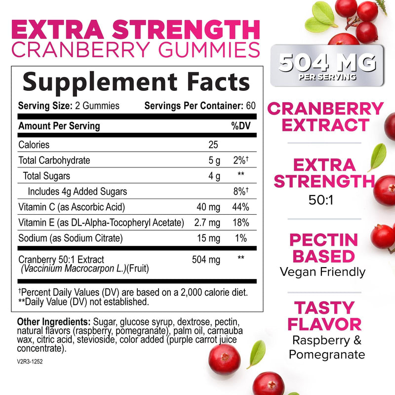 Cranberry Gummies - Urinary Tract Health Support Gummy - Cranberry Extract Supplement Helps Cleanse, Cran Berry Gummy Supplement With Vitamin C, Chewable Cran for Women and Men - 120 Gummies 120 Count (Pack of 1)