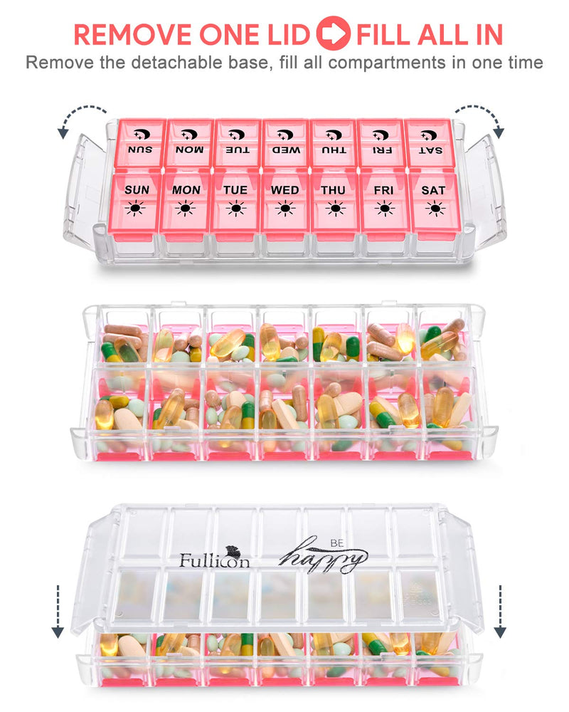 Weekly Pill Organizer 7 Day 2 Times a Day Extra Large, Quick Fill 2022 Fullicon AM PM XL Daily Pill Cases Pill Box with Detachable Base - Pink (Patent Registered) | Each Compartment Holds 13 Fish Oils or 12 Vitamins, BPA Free Food Grade Plastic, Preven...