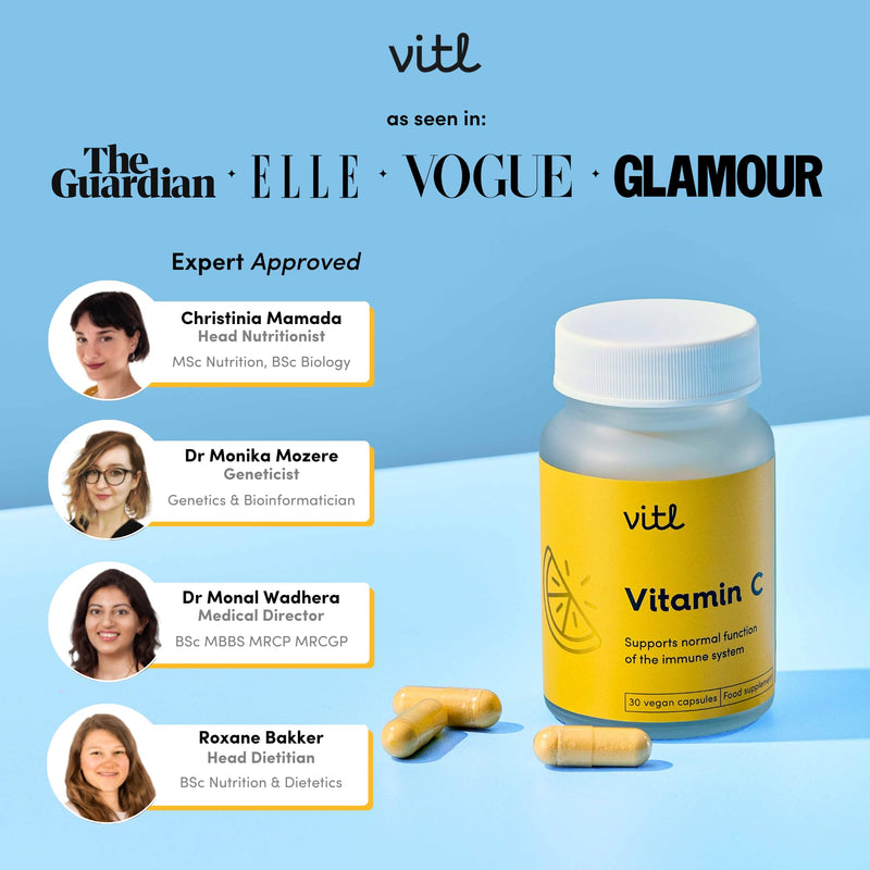 Vitl Vitamin C 500mg Supplement - 30 Vegan Easy to Swallow Capsules - Support Normal Functioning of the Immune System - 1 Month Supply