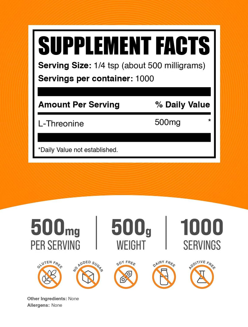 BulkSupplements.com L-Threonine Powder -Threonine Supplement, Amino Acid Supplement - Essential Amino Acid, Gluten Free, 500mg per Serving, 500g (1.1 lbs) (Pack of 1) 1.1 Pound (Pack of 1)