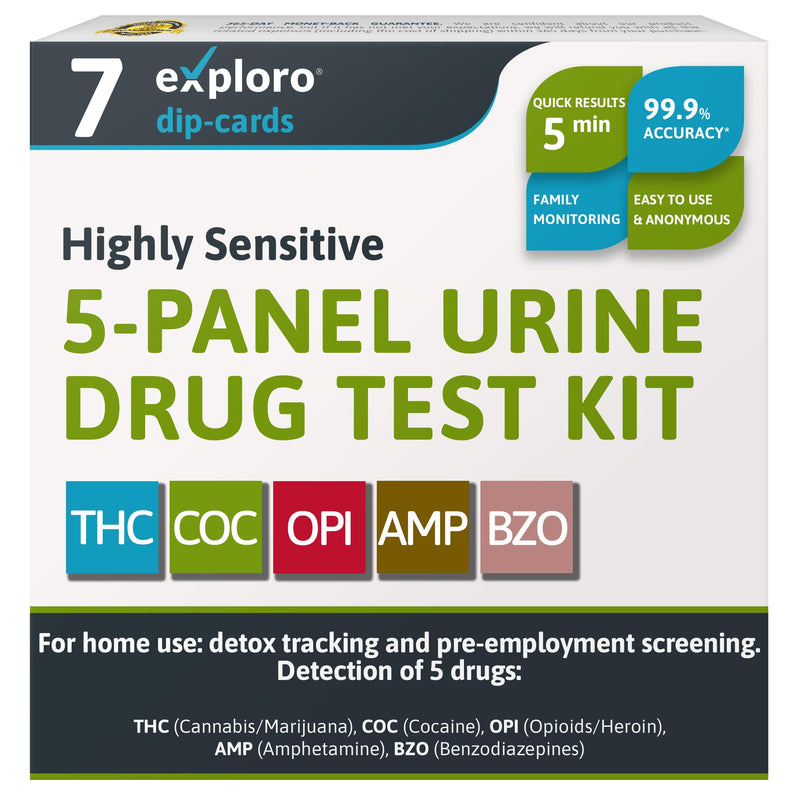 Exploro 5 Panel Drug Test Kit – at Home Urine Drug Test for THC, Cocaine, Opiates, Amphetamines & Benzodiazepines – Rapid & Accurate & Easy at Home Drug Testing Strips (Pack of 7) 7 Count (Pack of 1)