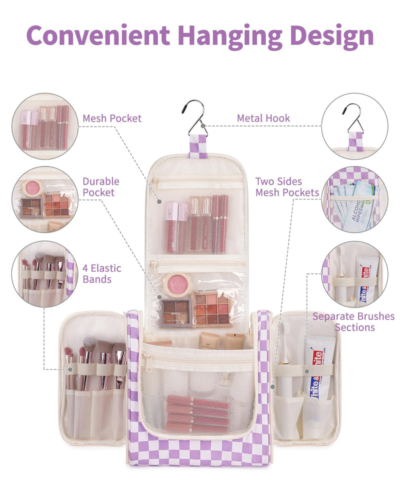 Narwey Checked Hanging Travel Toiletry Bag with Makeup Bag Travel Cosmetic Bag for Women