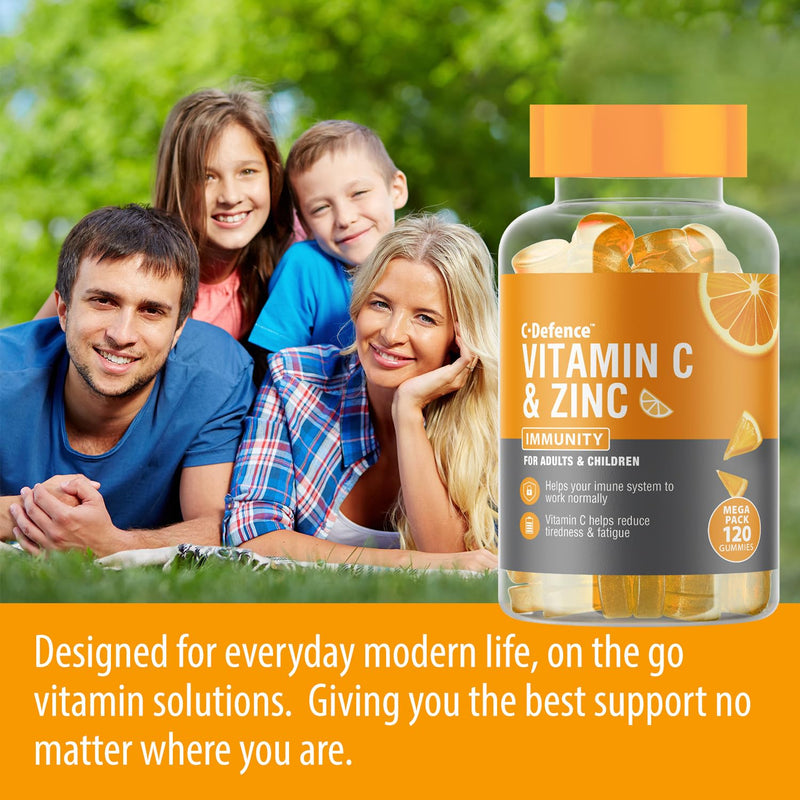 Vitamin C and Zinc Gummies by C Defence, Immunity, Vegan Gummies for Adults and Children- Orange Flavour 1 count (Pack of 120)