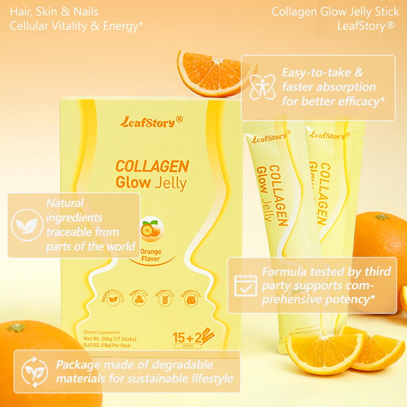 Marine Collagen Peptides Glow Jelly, Orange Flavor, 17 Sticks | NAD+, Vitamin C 300mg, Antioxidant Support, Skin, Hair & Nail Support, with Pomegranate & Reishi, Easy-to-Take Jelly Sticks
