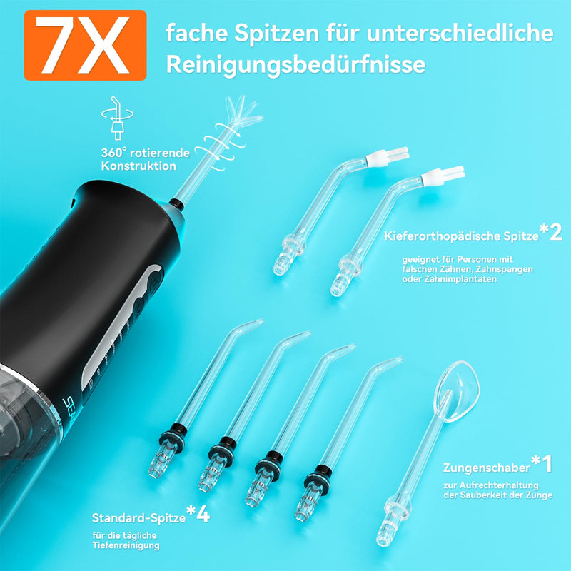 [Australia] - Oral Irrigator Wireless, SEAGO Portable Water Flosser Electric Tooth Cleaner 5 Modes & 7 Nozzles, 300ML Water Tank Interdental Space Cleaner Oral Irrigator Test Winner IPX7 Waterproof Dental Irrigator for Travel & Home Black 