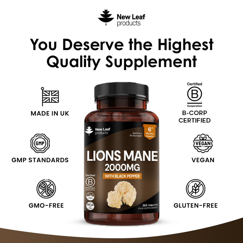 Lions Mane Mushroom 2000mg - 365 High Strength Vegan Tablets - Lion's Mane Supplement with Black Pepper - Lion's Mane Mushrooms Extract (Not Powder or Capsules) Made in The UK by New Leaf Products 365 count (Pack of 1)
