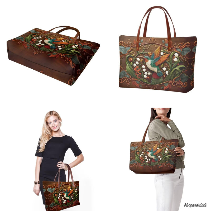Purse and Handbag Set for Women, Large Hobo Bag with Wallet and Make Up Bag, 3 Piece Top Handle Purse Set Brown-hummingbird Flower