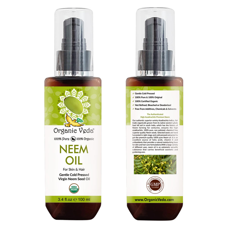 [Australia] - Organic Veda Neem Oil - Pure, Cold Pressed & Organic Neem Oil for Skin, Hair, Face, Body, Scalp - Natural Moisturizer, Virgin Neem seed oil - Rich in Vitamin E, Fatty Acids, Antioxidants - 3.4 fl oz 