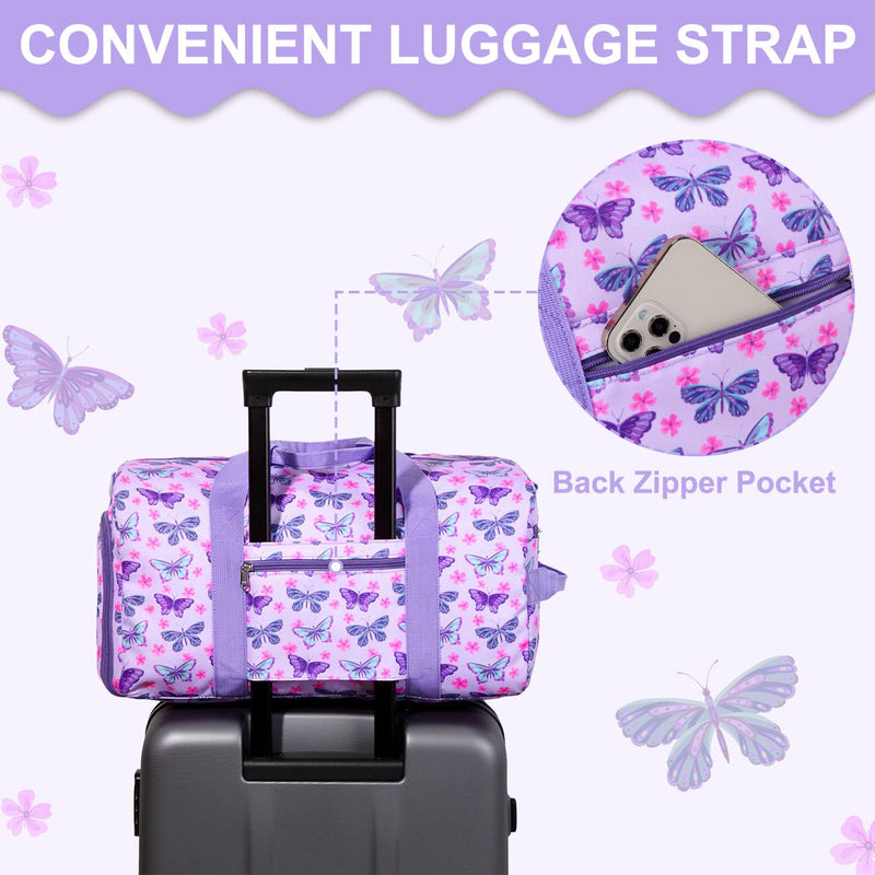 RAVUO Lightweight Butterfly School Backpack Bookbag and Kids Duffle Dance Weekender Travel Bag Set for Girls