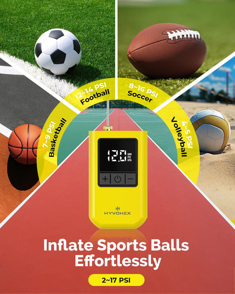 [Australia] - Ball Pump for Sports Balls, Portable Electric Basketball Pump Ultra Fast Inflation, with Digital LED Display Air Pump for Balls, Preset Pressure with Ball Needle for Soccer, Volleyball Yellow 