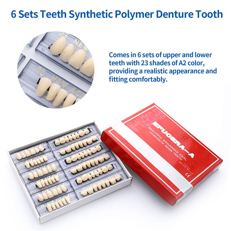 [Australia] - 168 Pieces False Teeth Dental Complete Acrylic Resin Denture Teeth, 6 Sets Whole Teeth Synthetic Polymer Denture Tooth, 23 Shade A2 Upper + Lower Dental Materials for Replacement, DIY, or Halloween 