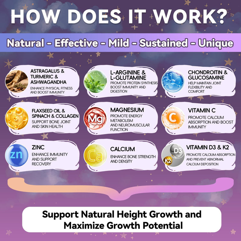 Height Growth Gummies for Kids & Teens Support Bone Strength and Immunity | Calcium, Vitamin D3 + K2, Zinc, Magnesium, L-Arginine, Teen Heightener Multivitamin Gummies for Children, 60 Gummies
