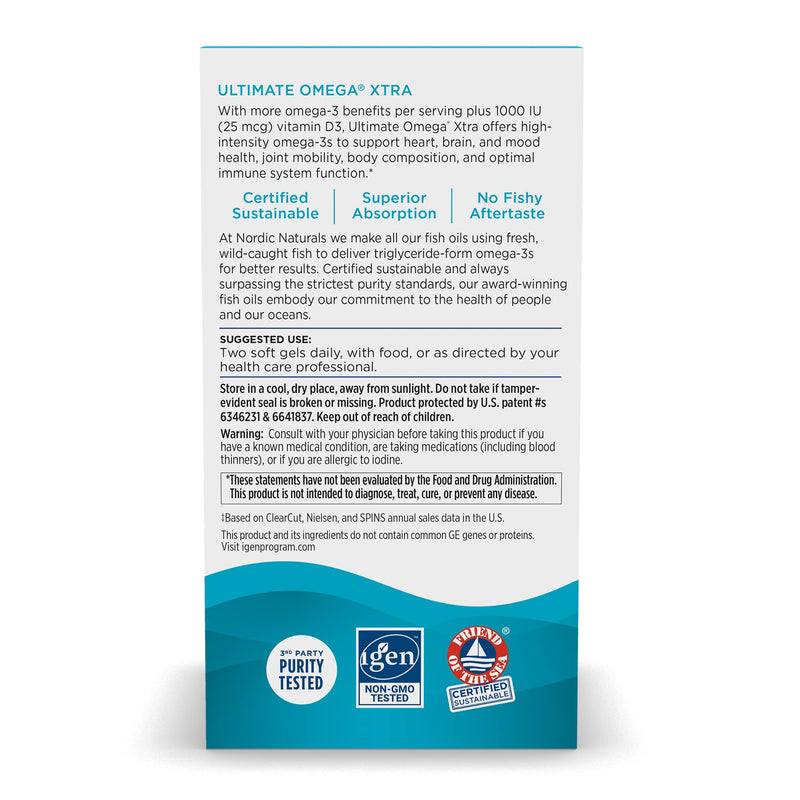 [Australia] - Nordic Naturals Ultimate Omega Xtra, Lemon Flavor - 60 Soft Gels - 1480 mg Omega-3 + 1000 IU Vitamin D3 - Omega-3 Fish Oil - EPA & DHA - Brain, Heart, Joint, & Immune Health - 30 Servings Standard Packaging 