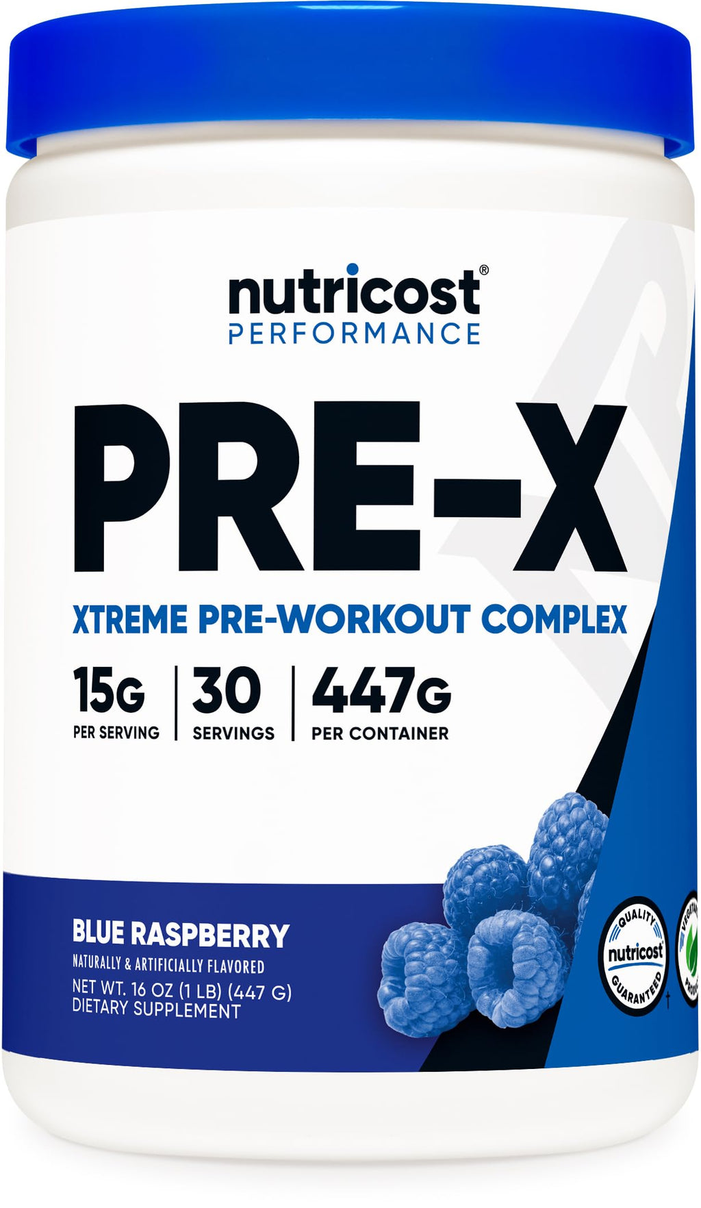 Nutricost Pre-X Xtreme Pre-Workout Powder Complex, Blue Raspberry, 30 Servings, Vegetarian, Non-GMO and Gluten Free 30 Servings (Pack of 1)