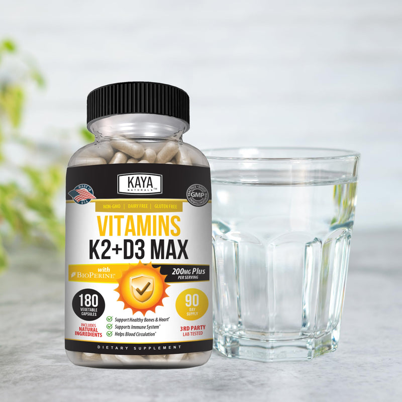 Kaya Naturals Vitamins K2 with D3 5000IU Supplement for Men and Women - Easy to Swallow - Bioperine Capsules (180 Count (Pack of 1) 180 Count (Pack of 1)