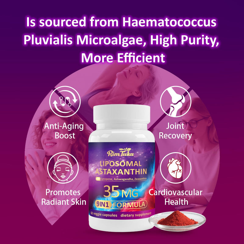 [Australia] - Liposomal Astaxanthin Supplement Complex 9-in-1 with Ashwagandha, Lycopene, Zeaxanthin, Antioxidant Supplement Support Eye, Skin & Joint Health, 60 Capsules 