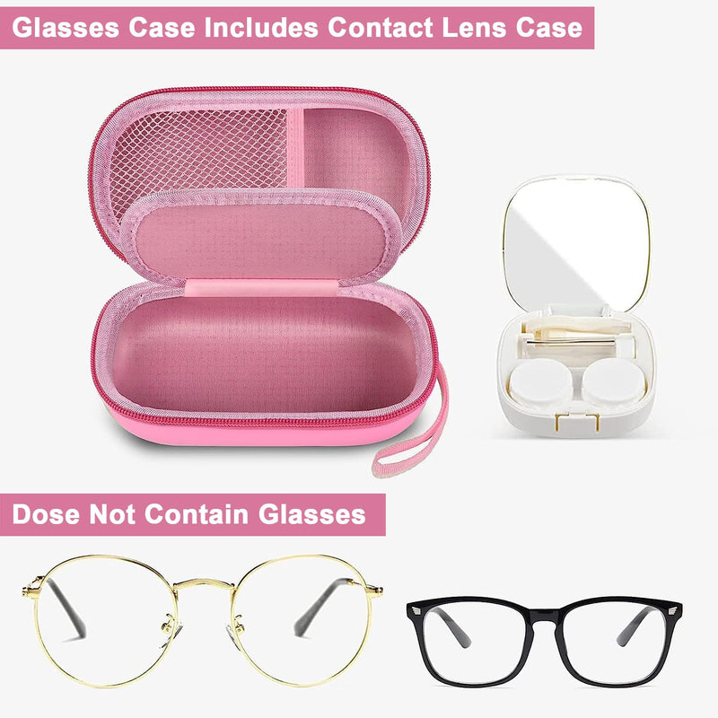 Portable 2 in 1 Contact Lens Case and Glasses Case, Traveling Contact Cases Bag Box Holder with Soak Storage Kit Included Built-in Mirror, Tweezer, Contact Lens Solution Bottle and Hand Strap-Pink Pink