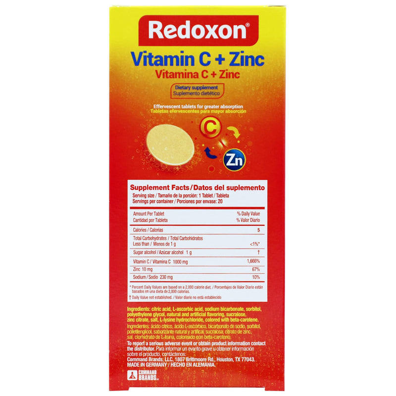 [Australia] - Redoxon Vitamin C + Zinc, Effervescent Tablets of Vitamin C and Zinc, Helps Support Your Immune System, Orange Flavor, 20 Effervescent Tablets, 2.82 Oz, Box 20 Count (Pack of 1) 