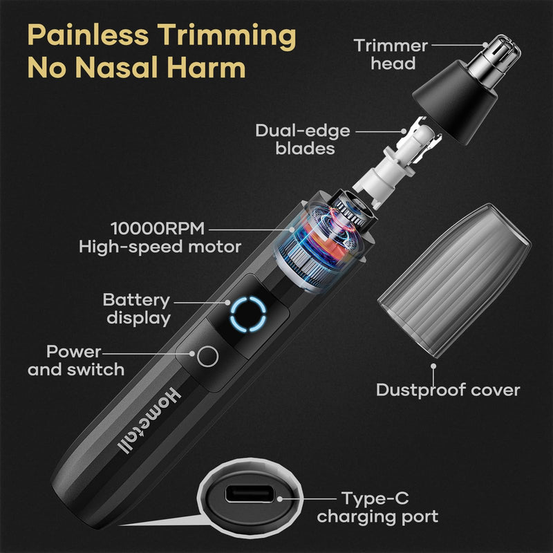Rechargeable Nose Hair Trimmer for Men Women, Professional Painless Ear Eyebrow & Facial Hair Trimmer - 10,000 RPM Powerful Motor with Dual-Edge Blades, Wet/Dry, Easy to Clean Black