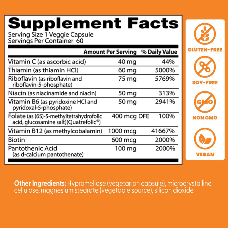 Doctor's Best Fully Active Vitamin B Complex Supplement for Men & Women - Super Complex with Methylated B12 & Folate, B6, Biotin, Pantothenic Acid, & More, Energy Support Caps - 60 Veggie Capsules 60 Count (Pack of 1)