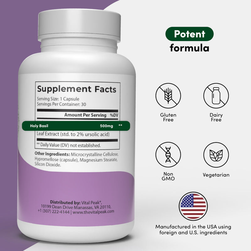 [Australia] - Holy Basil 500 mg - Mood & Relaxation Support - Tulsi Supplements for Women & Men - Vegan, Gluten Free, Dairy Free, Soy Free Non-GMO - 30 Capsules 