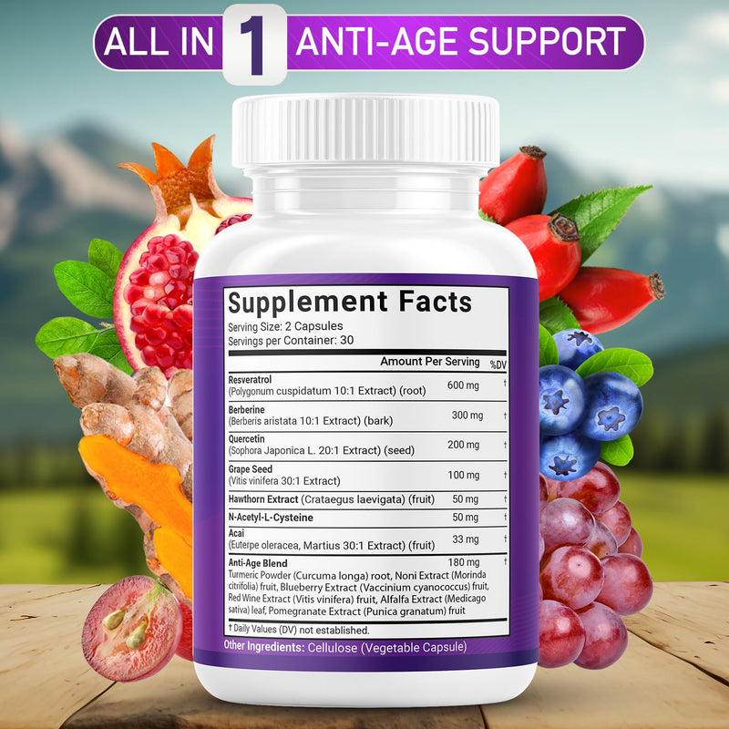 [Australia] - JB Wellness Resveratrol, Grape Seed Extract, Berberine, Quercetin - Polyphenol Supplement for Women and Men with Noni Extract, N-Acetyl Cysteine, Acai Extract - 180 Capsules 60 Count (Pack of 3) 