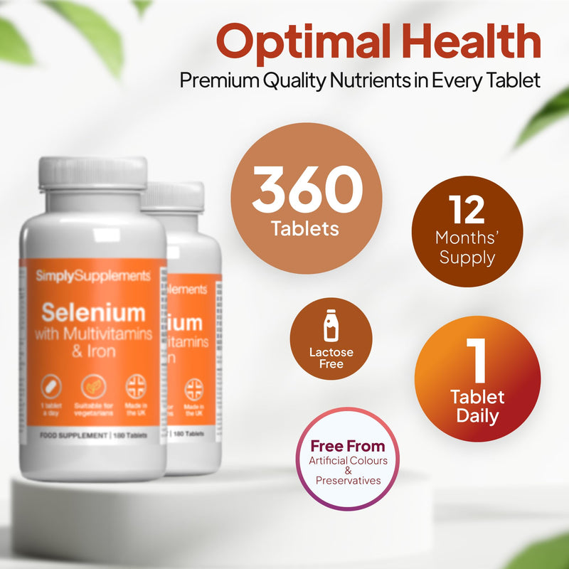 Selenium with Vitamins A, C, D, E & Iron | Supports Healthy Hair, Nails & Immune Function | 360 Tablets (180 + 180) = 12 Months’ | Manufactured in The UK in Accordance with GMP Standards. Unflavoured 180 count (Pack of 2)