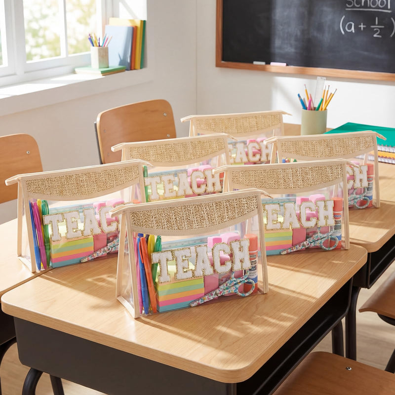 Kajaia 6 Pcs Teach Cosmetic Bags Teacher Appreciation Gift for Woman Boho Straw Clear Makeup Bag with Zipper Woven Toiletry Pouch Chenille Letter Patch Makeup Bag for Retirement Birthday Teacher Gift