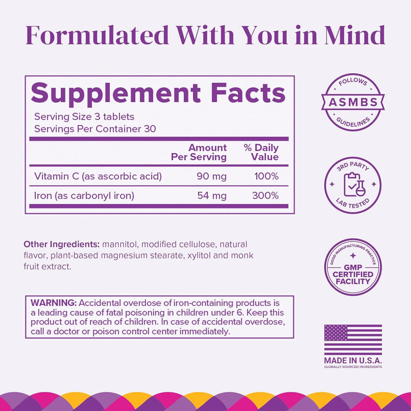 [Australia] - BariMelts Iron Supplement with Vitamin C - 1 Month Supply (90 Fast-Dissolving Tablets) - Post-Op Bariatric Vitamins 90 Count (Pack of 1) 