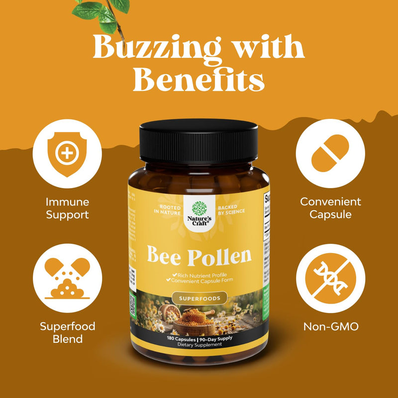 Bee Pollen Pills for Breast Growth 180 Ct - Bee Pollen Supplement 1000mg Serving with Naturally Occurring B Vitamins Minerals & Enzymes - Breast Support Supplement - Vegetarian Non-GMO & Gluten Free | Bee pollen capsules to support breast growth, fulln...