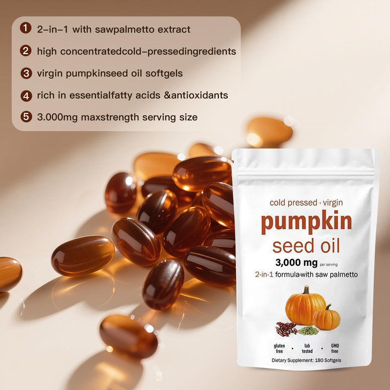 [Australia] - Pumpkin Seed Oil Capsules with Saw Palmetto – 3000mg per Serving, 180 Softgels | Cold Pressed, Pure Virgin Oil | Supports Hair, Urinary, Bladder & Prostate Health | Non-GMO 