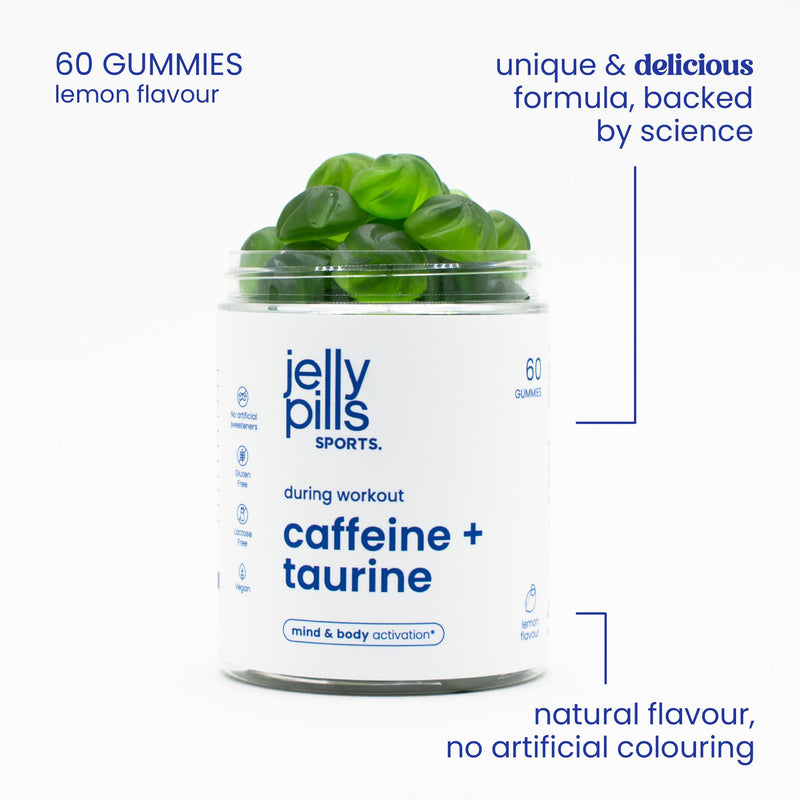 Jelly Pills Sports Caffeine Gummies with Taurine and Guarana - 60 Vegan Gummies - No Added Sugar - Lemon Flavour - Focus & Energy Before Training