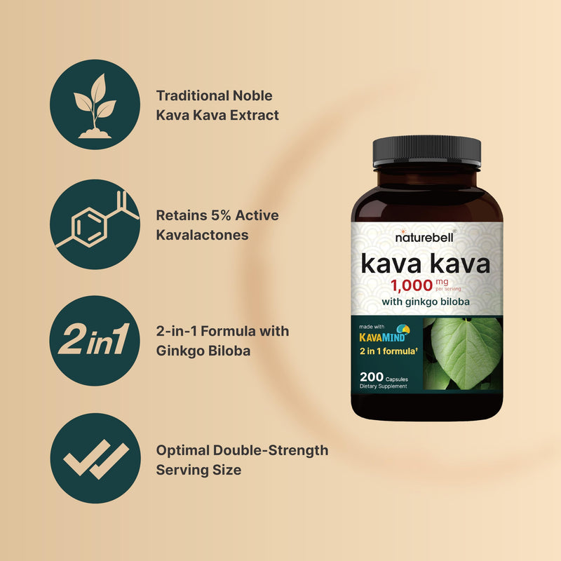 NatureBell Kava Kava Capsules 1000mg with Ginkgo Biloba, 200 Count | Noble Kava Root Extract with Active Kavalactones – Herbal KavaMind Relaxation Complex – Plant Based, Non-GMO