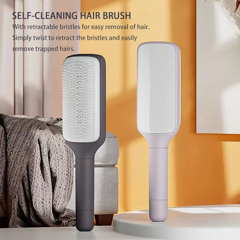 Premium Self-Cleaning Hair Brush with Rotating Head, 2-in-1 Detangling Paddle Brush and Mirror, Purple