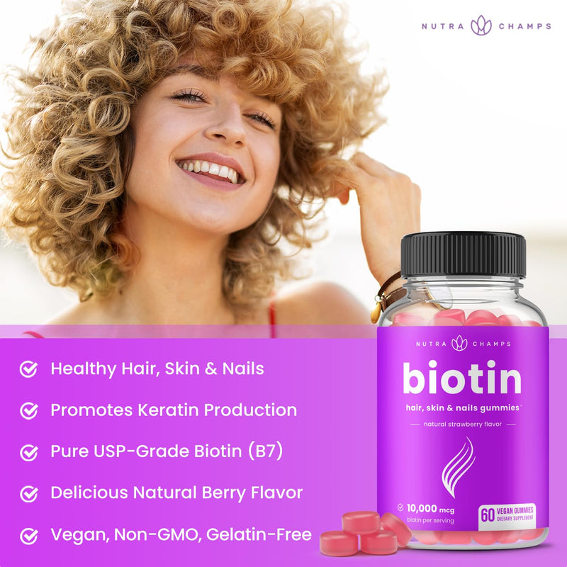 NutraChamps Biotin Gummies 10000mcg [High Potency] for Healthy Hair, Skin & Nails Vitamins for Women, Men & Kids - 5000mcg in Each Hair Vitamins Gummy - Vegan, Non-GMO, Hair Health Supplement 1