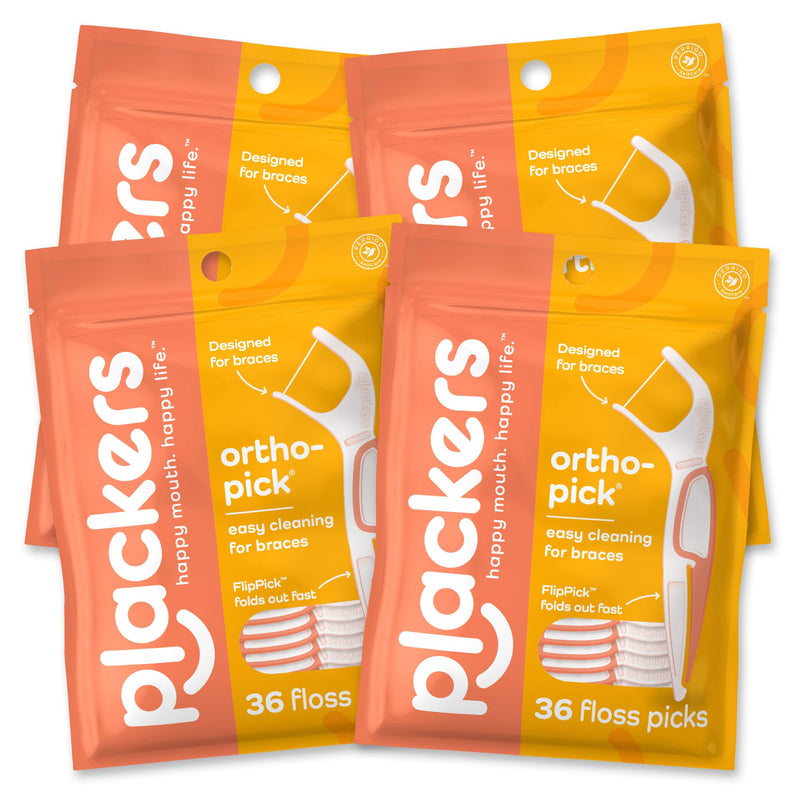 [Australia] - Plackers Orthopick Dental Floss Picks for Braces, Made with Super TufFloss, Soft Flexible Toothpick, Gentle on Braces, Orange, 144 Count (Pack of 4) 