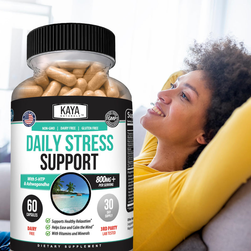 Kaya Naturals Daily Stress Support with Ashwagandha & GABA, 60 Capsules | Ashwagandha, GABA & L-Theanine, Rhodiola, Lemon Balm & Valerian, B Vitamins, Magnesium & Zinc, Daily Calm Support 1 Count (Pack of 60)