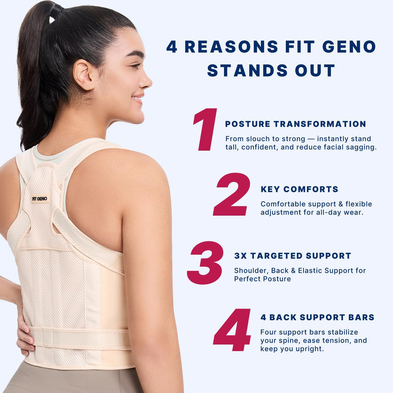 [Australia] - Fit Geno Back Brace Posture Corrector for Men & Women: Shoulder Straightener Adjustable Full Back Support Pain Relief - Scoliosis Hunchback Spine Corrector (Medium/Large) Beige Medium/Large (Waist 33"-40") 