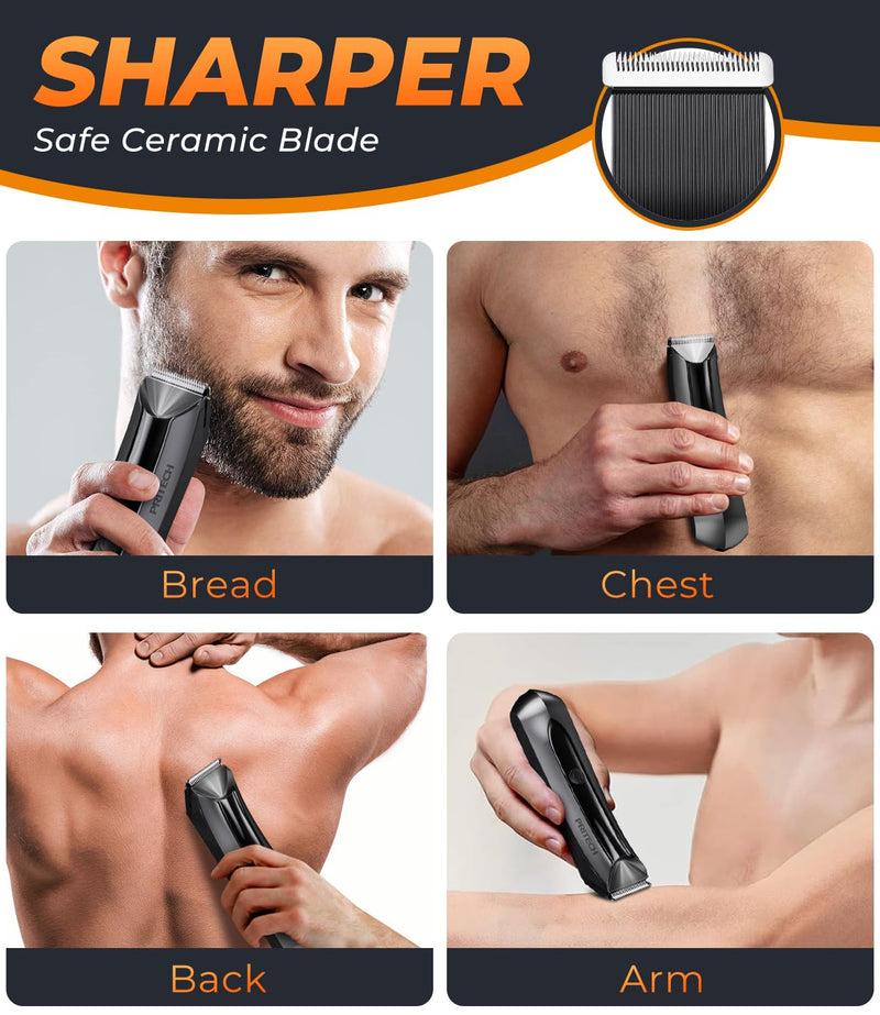 PRITECH Body Hair Trimmer for Men - Rechargeable Trimmer for Mens with Ceramic Blade, Wet & Dry Mens Ball Trimmer with Standing Recharge Dock, Cordless Groin Hair Trimmer for Men Black