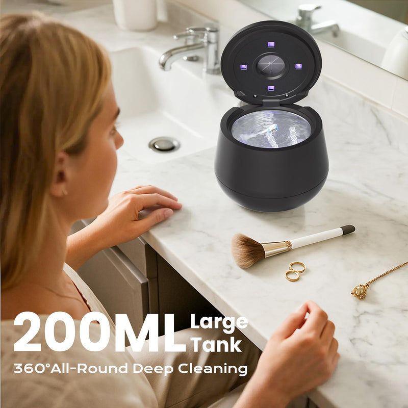 [Australia] - 45kHz Ultrasonic Retainer Cleaner, 200ML Dental Cleaning Pod for Dentures, Mouth Guards, Braces, Aligner, Toothbrush Jewelry and More, UV Denture Cleaner with 4 Modes & Digital Timer Black 