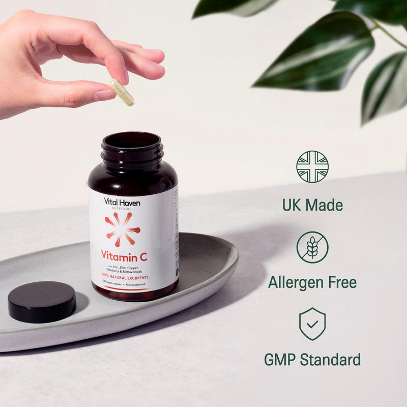 Vitamin C Supplement: Non-Acid VIT C + Iron/Zinc/Copper/Calcium with Citrus Bioflavanoids & Elderberry - UK Made