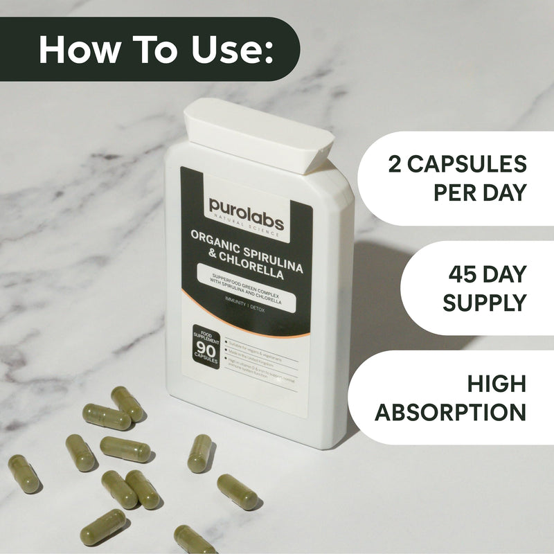 Purolabs Spirulina & Chlorella Capsules – High Strength Spirulina Tablets Alternative for Energy, Detox & Immunity – Clean Formula, Vegan, Non-GMO – 90 Capsules