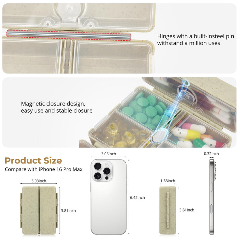 Zentiky Pill Organizer with Blank Labels,6 Compartment Small Pill Box-Khaki | Travel Organizer, Fit with Your Purse or Pocket to Hold Vitamin, Fish Oil, Supplement,Cotton Swabs, Bandages Khaki S