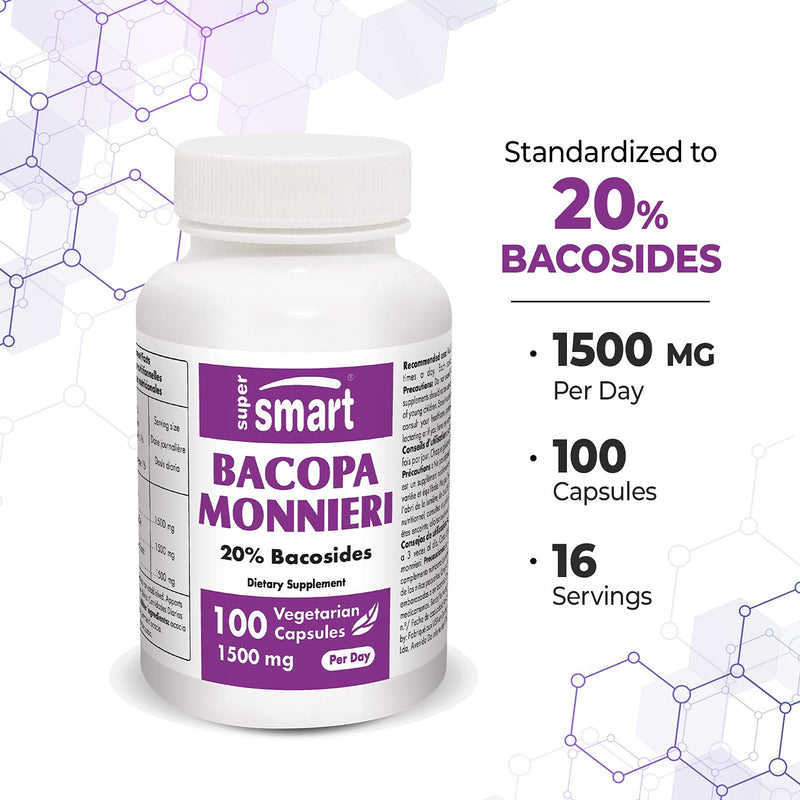 [Australia] - Supersmart - Bacopa Monnieri 1500 mg Per Day - Nootropic Supplement & Brain Boost - Help Improve Learning, Memory & Information Processing | Non-GMO & Gluten Free - 100 Vegetarian Capsules 