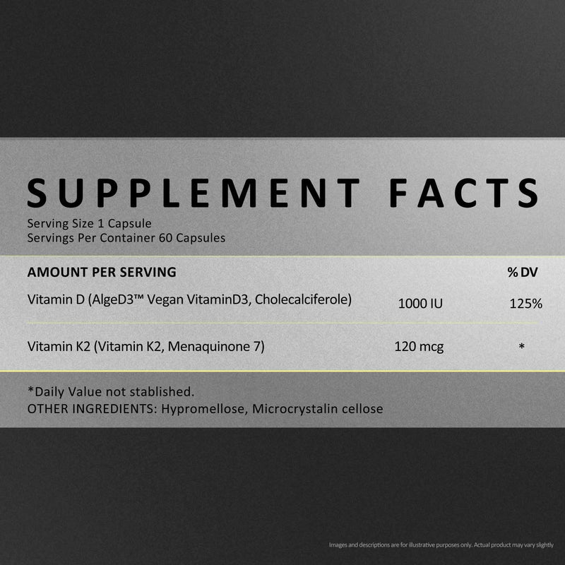 D3 & K2 Vitamin Supplement, Vegan D3 1000 IU & K2 MK7 120 mcg for Bone, Heart & Immune Support, Non-GMO, Gluten-Free, 60 Vegan Capsules, 2 Months Supply