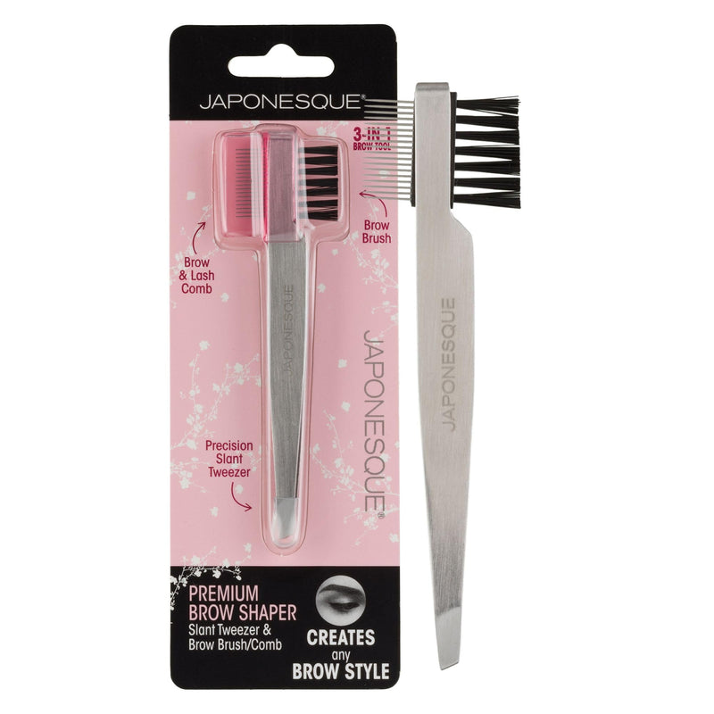 JAPONESQUE Premium Brow Shaper 3-IN-1 Tool Features a Slant Tweezer, Brow Brush & Lash Comb. Precision Crafted, Hand Sharpened Tips for Shaping & Defining Brows