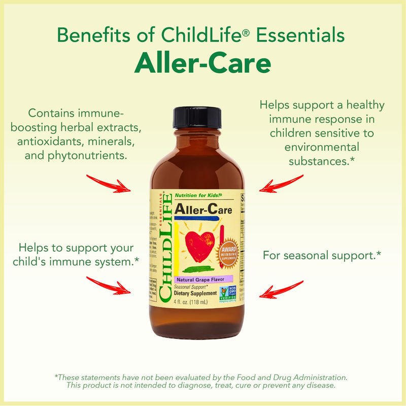 CHILDLIFE ESSENTIALS Aller-Care Natural Liquid Relief for Kids, 4 Fl Oz | Seasonal Support Syrup, Elderberry, Zinc, Bromelain, Vitamin C, Immune Support Formula, Toddlers, Kids, Natural Liquid