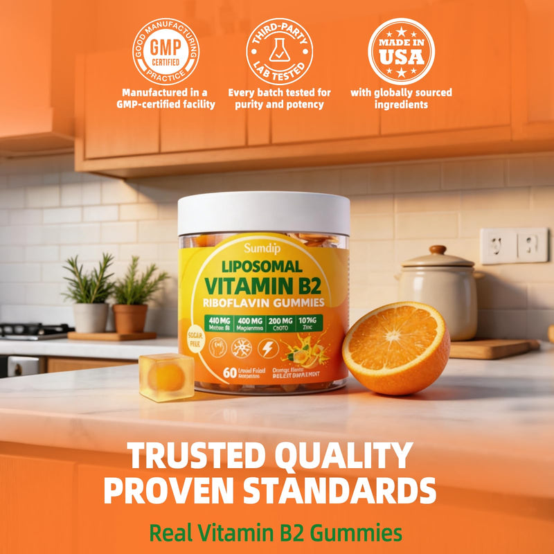 Vitamin B2 Gummies, Liposomal Riboflavin 400mg for Head & Energy | High Potency with Magnesium, CoQ10, Zinc for Kids & Adults, Sugar Free, Vegan, Orange Flavor, 30-Day Supply 60 Count (Pack of 1)